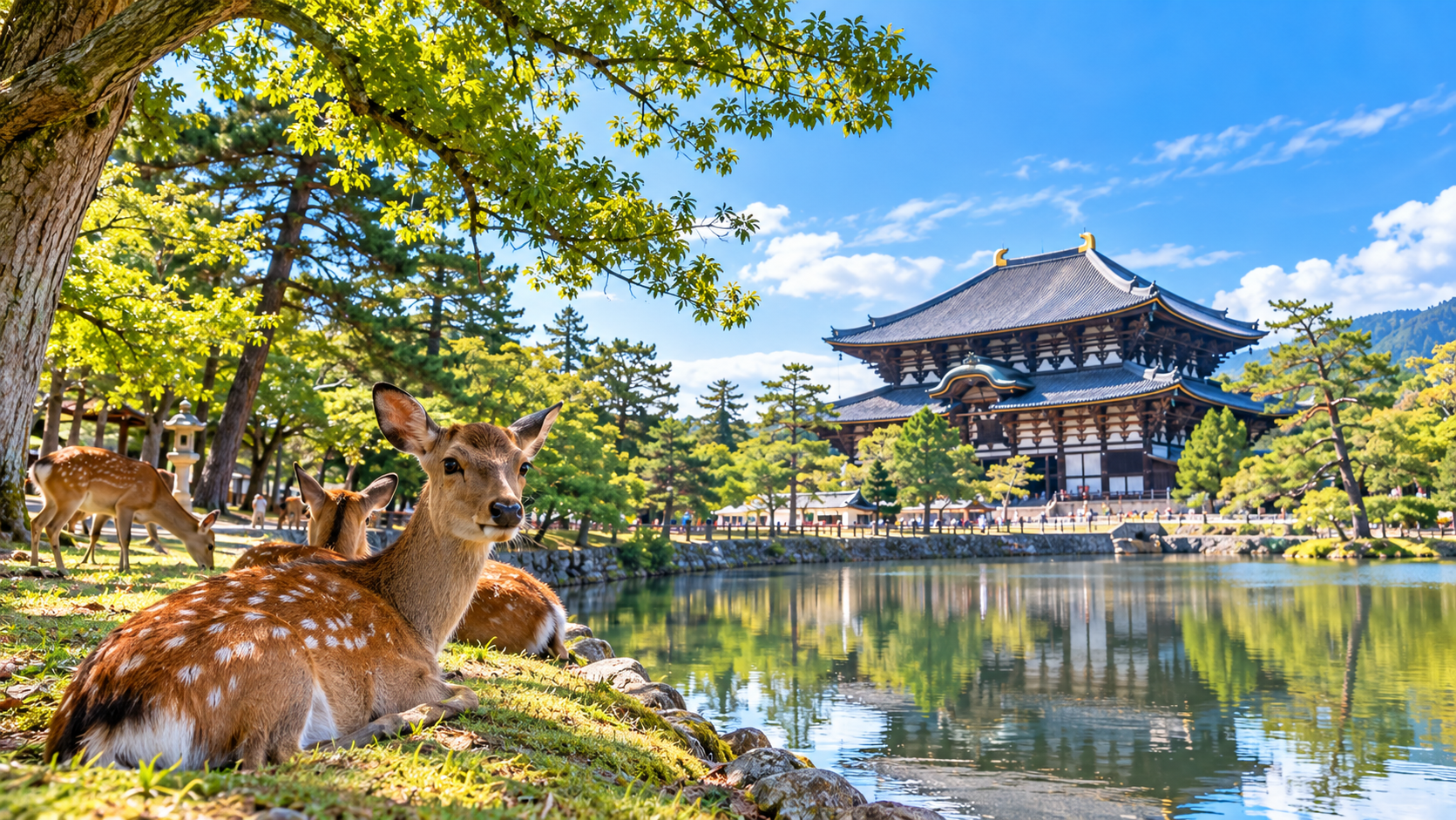 奈良公園と歴史ある街並みをイメージした観光風景